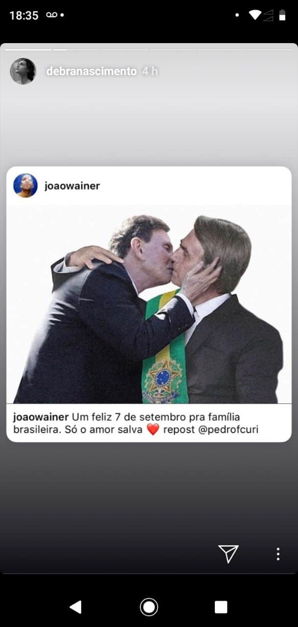 Débora Nascimento postou foto de uma montagem de um beijo gay entre Bolsonaro e Crivella 