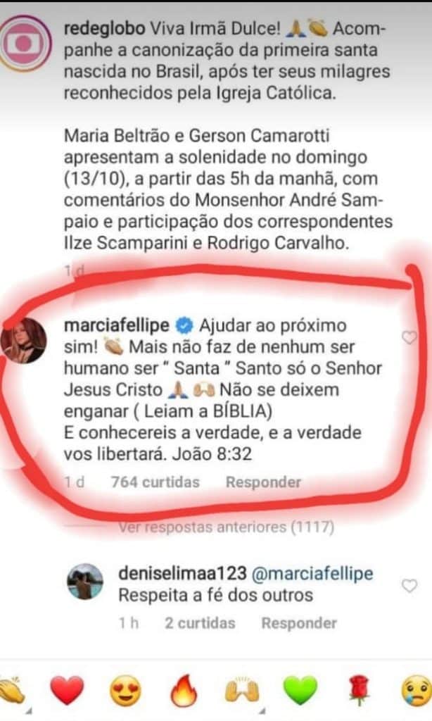 Comentário de Márcia Fellipe sobre Irmã Dulce que gerou revolta nos católicos (Imagem: Reprodução) Comentário de Márcia Fellipe sobre Irmã Dulce que gerou revolta nos católicos (Imagem: Reprodução)