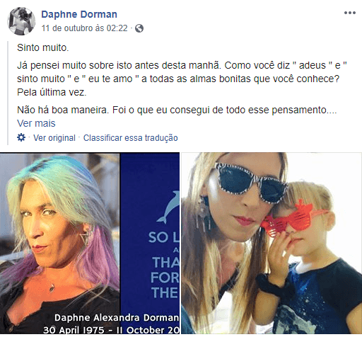Texto que Daphne Dorman fez em seu Facebook (Foto: Reprodução) Texto que Daphne Dorman fez em seu Facebook (Foto: Reprodução)