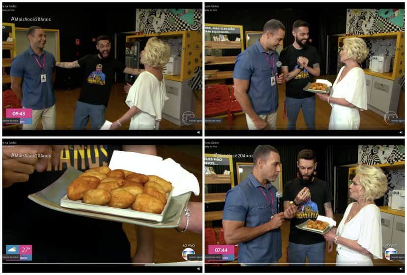 Ana Maria braga dando coxinhas para Cauê Fabiano e Felipe. Montagem: TV FOCO Ana Maria braga dando coxinhas para Cauê Fabiano e Felipe. Montagem: TV FOCO