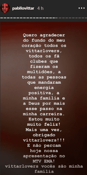 Storie que Pabllo Vittar compartilhou agradecendo os fãs (Foto: Reprodução) Storie que Pabllo Vittar compartilhou agradecendo os fãs (Foto: Reprodução)