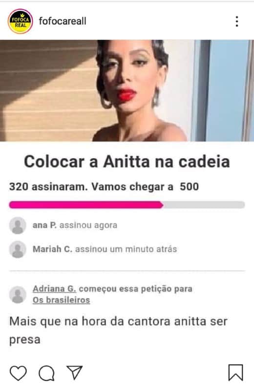 Petição solicitando a prisão da cantora viralizou nas redes sociais Petição solicitando a prisão da cantora viralizou nas redes sociais