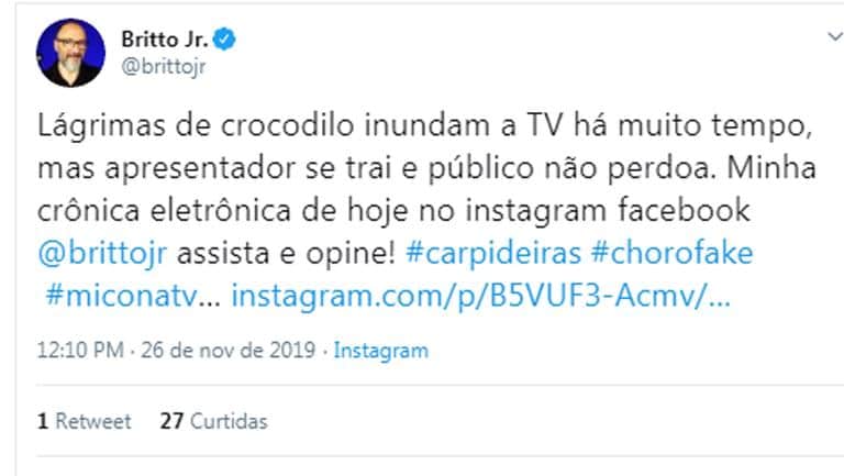 Publicação polêmica de Britto Jr (Foto: Reprodução/Twitter) Publicação polêmica de Britto Jr (Foto: Reprodução/Twitter)