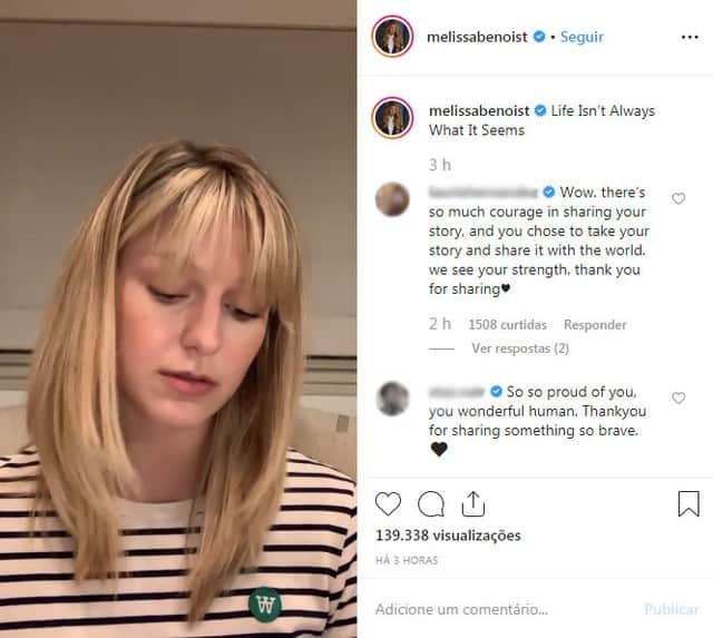 Melissa Benoist fala em vídeo sobre ser sobrevivente de violência doméstica (Foto: Reprodução/Instagram) Melissa Benoist fala em vídeo sobre ser sobrevivente de violência doméstica (Foto: Reprodução/Instagram)
