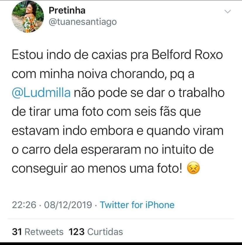 Fã reclama de Ludmilla em suas redes sociais (Foto: Reprodução/Twitter) Fã reclama de Ludmilla em suas redes sociais (Foto: Reprodução/Twitter)