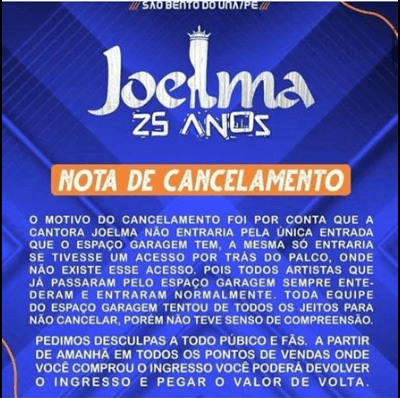 Após Joelma cancelar o show, produtora de eventos dá sua versão e contraria a cantora (Foto: Reprodução)Após Joelma cancelar o show, produtora de eventos dá sua versão e contraria a cantora (Foto: Reprodução) Após Joelma cancelar o show, produtora de eventos dá sua versão e contraria a cantora (Foto: Reprodução)Após Joelma cancelar o show, produtora de eventos dá sua versão e contraria a cantora (Foto: Reprodução)