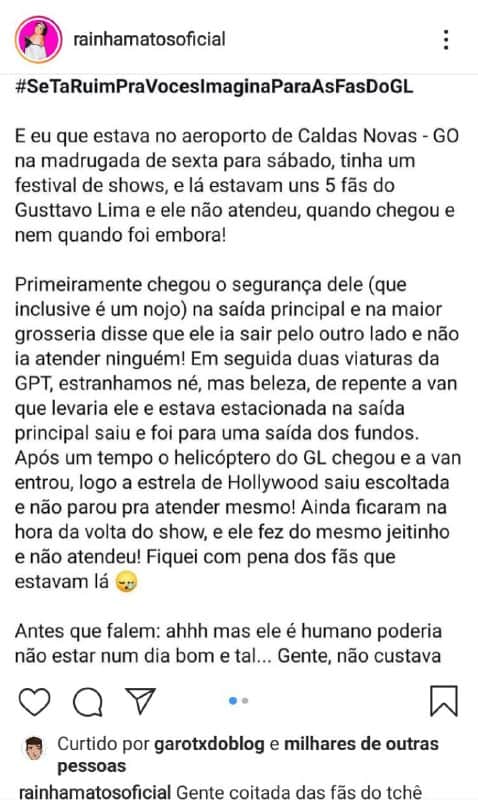Fãs de Gusttavo Lima foram esnobadas pelo cantor Fãs de Gusttavo Lima foram esnobadas pelo cantor