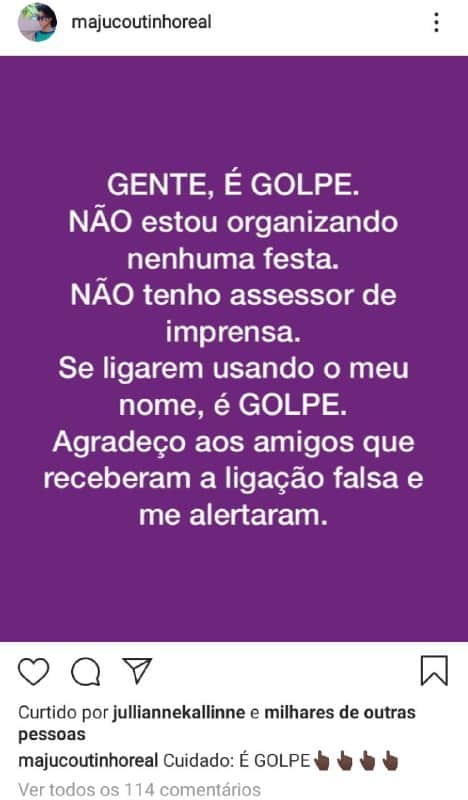 Maju Coutinho anunciou que estava sendo vítima da ação de criminosos nas redes sociais (Foto: Reprodução/ Instagram) Maju Coutinho anunciou que estava sendo vítima da ação de criminosos nas redes sociais (Foto: Reprodução/ Instagram)