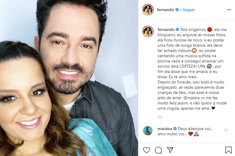 Fernando resolveu postar uma declaração de amor para Maiara (Foto: Reprodução/ Instagram) Fernando resolveu postar uma declaração de amor para Maiara (Foto: Reprodução/ Instagram)