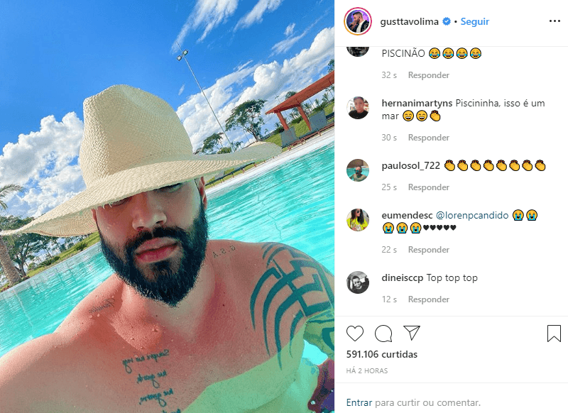 Gusttavo Lima causou ao surgir na piscina ostentando as tatuagens (Foto: Reprodução/ Instagram) Gusttavo Lima causou ao surgir na piscina ostentando as tatuagens (Foto: Reprodução/ Instagram)