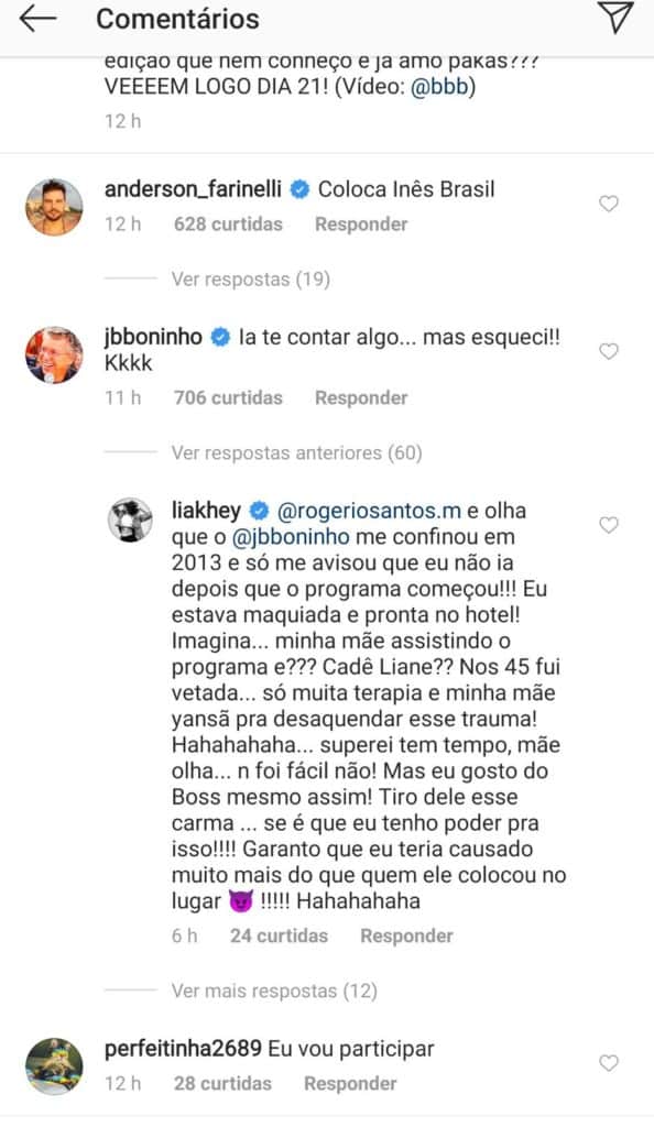 Lia expõe atitude do diretor Boninho (Foto: Reprodução) Lia expõe atitude do diretor Boninho (Foto: Reprodução)