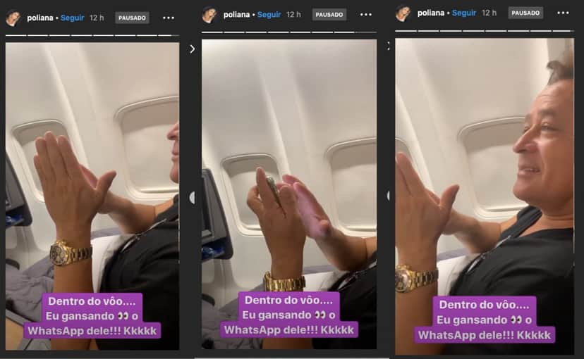 Poliana Rocha tenta espiar celular de Leonardo e cantor faz barreira com a mão para impedi-lá. Foto: Reprodução Poliana Rocha tenta espiar celular de Leonardo e cantor faz barreira com a mão para impedi-lá. Foto: Reprodução