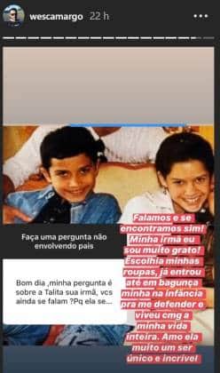 Wesley Camargo disse que mantém boa relação com Talita, filha adotiva de Luciano Camargo (Reprodução) Wesley Camargo disse que mantém boa relação com Talita, filha adotiva de Luciano Camargo (Reprodução)