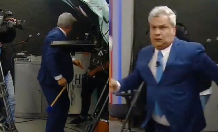 Sikêra Jr perdeu a linha ao vivo e partiu para cima de um de seus funcionários (Foto: Reprodução / RedeTV) Sikêra Jr perdeu a linha ao vivo e partiu para cima de um de seus funcionários (Foto: Reprodução / RedeTV)