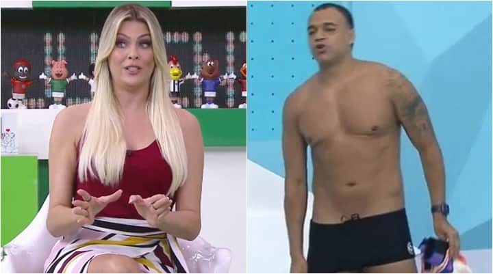 Denilson ficou apenas de sunga no Jogo Aberto. (Foto: Montagem/Reprodução) Denilson ficou apenas de sunga no Jogo Aberto. (Foto: Montagem/Reprodução)