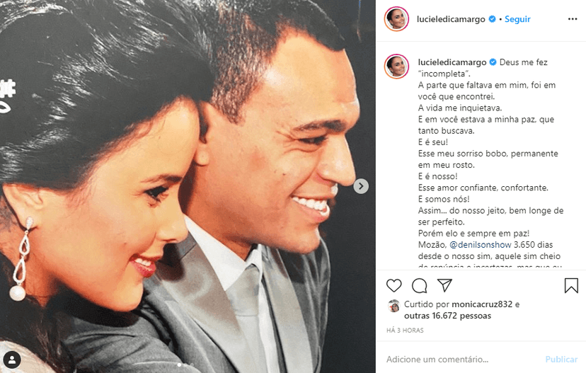 Luciele Di Camargo declarou-se para Denílson (Foto: Reprodução/ Instagram) Luciele Di Camargo declarou-se para Denílson (Foto: Reprodução/ Instagram)