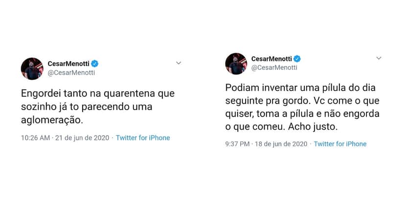 César Menotti fala no twitter sobre aumento de peso em meio ao isolamento social (Foto: Reprodução/Twitter) César Menotti fala no twitter sobre aumento de peso em meio ao isolamento social (Foto: Reprodução/Twitter)
