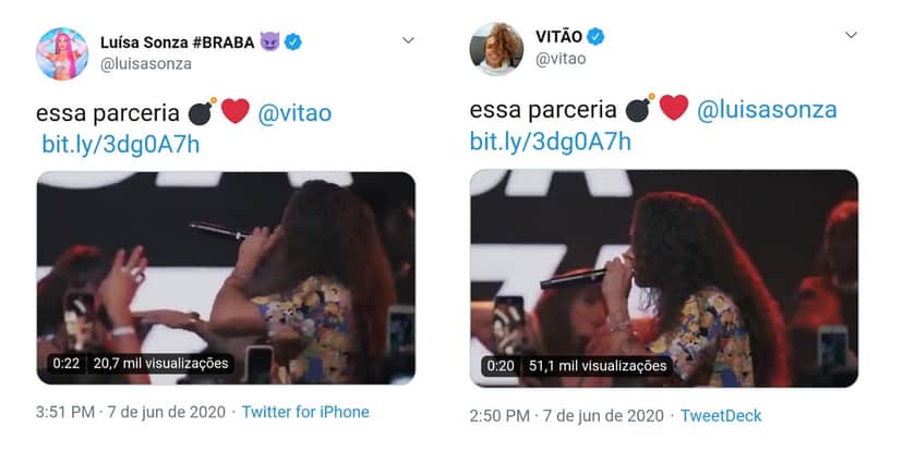Luísa e Vitão falam sobre parceria no twitter após rumores de affair (Foto: Reprodução/Twitter) Luísa e Vitão falam sobre parceria no twitter após rumores de affair (Foto: Reprodução/Twitter)