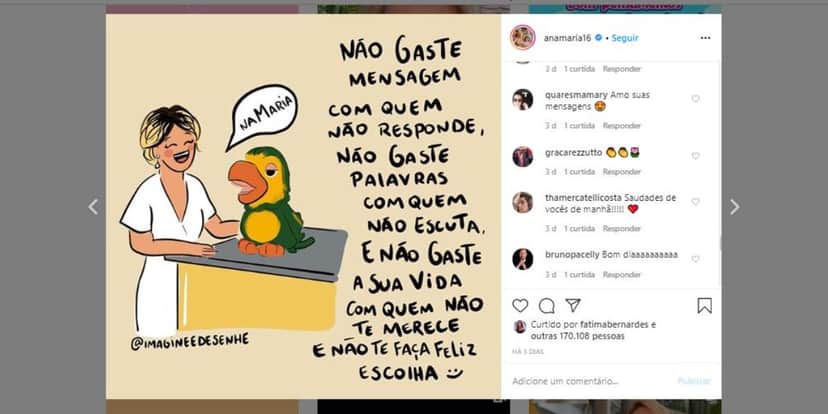 Post de Ana Maria em suas redes sociais (Foto: Reprodução/Instagram) Post de Ana Maria em suas redes sociais (Foto: Reprodução/Instagram)