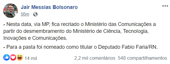 Bolsonaro recria ministério e coloca Fábio Faria (Foto: Reprodução) Bolsonaro recria ministério e coloca Fábio Faria (Foto: Reprodução)
