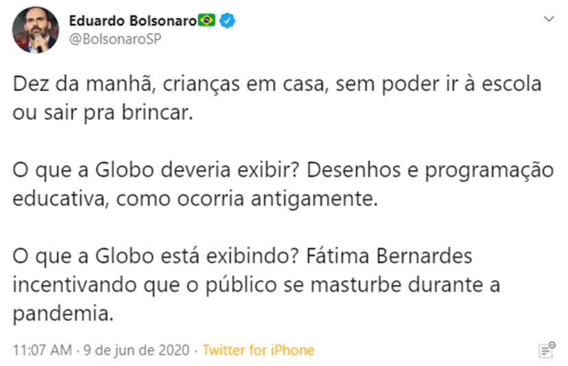 Eduardo Bolsonaro criticou Fátima Bernardes por causa de pauta do Encontro (Foto: Reprodução/Twitter) Eduardo Bolsonaro criticou Fátima Bernardes por causa de pauta do Encontro (Foto: Reprodução/Twitter)