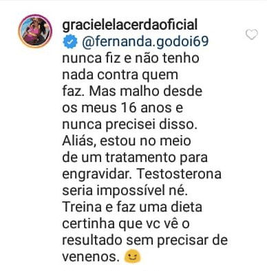 Graciele Lacerda respondeu uma internauta (Foto: reprodução/Instagram) Graciele Lacerda respondeu uma internauta (Foto: reprodução/Instagram)