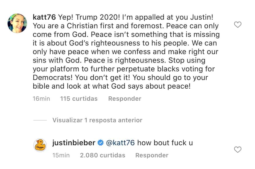 Comentário onde Justin Bieber rebaixa seguidora (Foto: Reprodução) Comentário onde Justin Bieber rebaixa seguidora (Foto: Reprodução)
