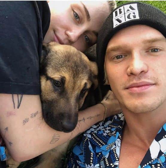Miley Cyrus, Cody Simpson e o novo membro da família, BO (Foto: Reprodução) Miley Cyrus, Cody Simpson e o novo membro da família, BO (Foto: Reprodução)