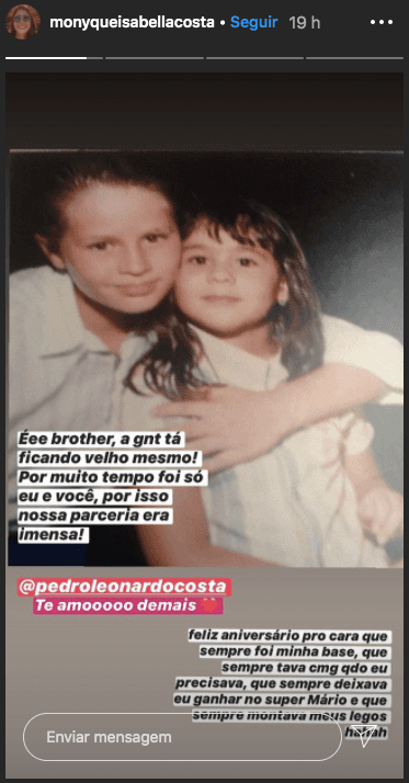 Monyque Costa, filha de Leonardo, homenageou seu irmão Pedro (Foto: reprodução/Instagram) Monyque Costa, filha de Leonardo, homenageou seu irmão Pedro (Foto: reprodução/Instagram)