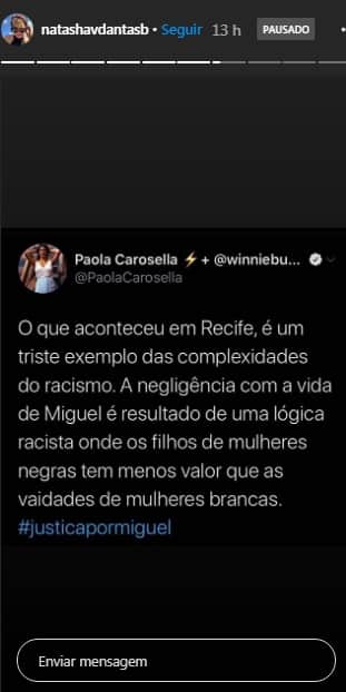 Natasha Dantas compartilhou um tuíte de Paola Carosella (Foto: reprodução) Natasha Dantas compartilhou um tuíte de Paola Carosella (Foto: reprodução)