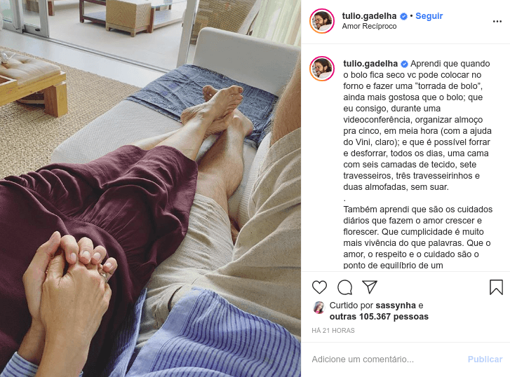 Túlio Gadêlha faz declaração apaixonante para Fátima Bernardes no dia dos namorados e surpreende (foto: reprodução/ Instagram) Túlio Gadêlha faz declaração apaixonante para Fátima Bernardes no dia dos namorados e surpreende (foto: reprodução/ Instagram)