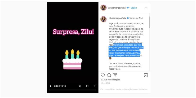Zilu foi homenageada pelos três filhos (Foto: Reprodução/Instagram) Zilu foi homenageada pelos três filhos (Foto: Reprodução/Instagram)