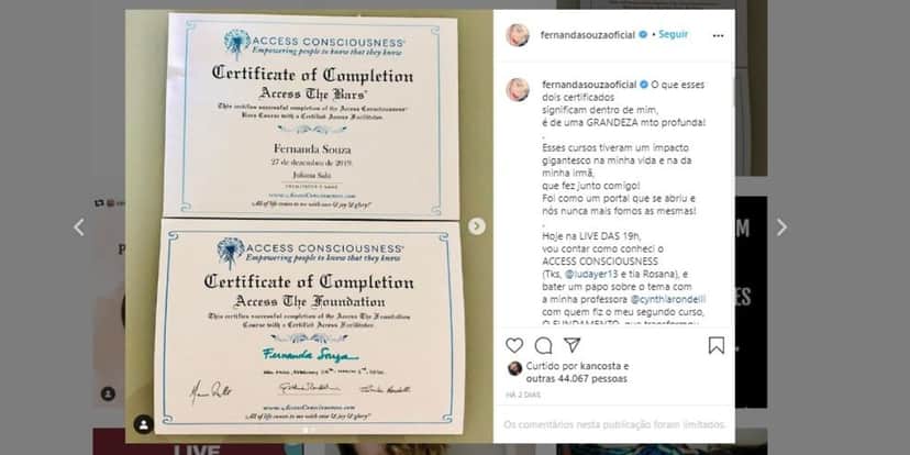 Fernanda Souza mostrou seus novos certificados (Foto: Reprodução/Instagram) Fernanda Souza mostrou seus novos certificados (Foto: Reprodução/Instagram)