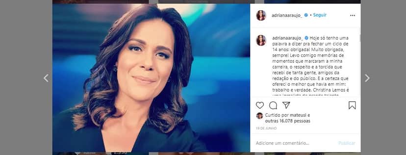 Adriana Araújo se despediu do público através das redes sociais (Foto: Reprodução/Instagram) Adriana Araújo se despediu do público através das redes sociais (Foto: Reprodução/Instagram)
