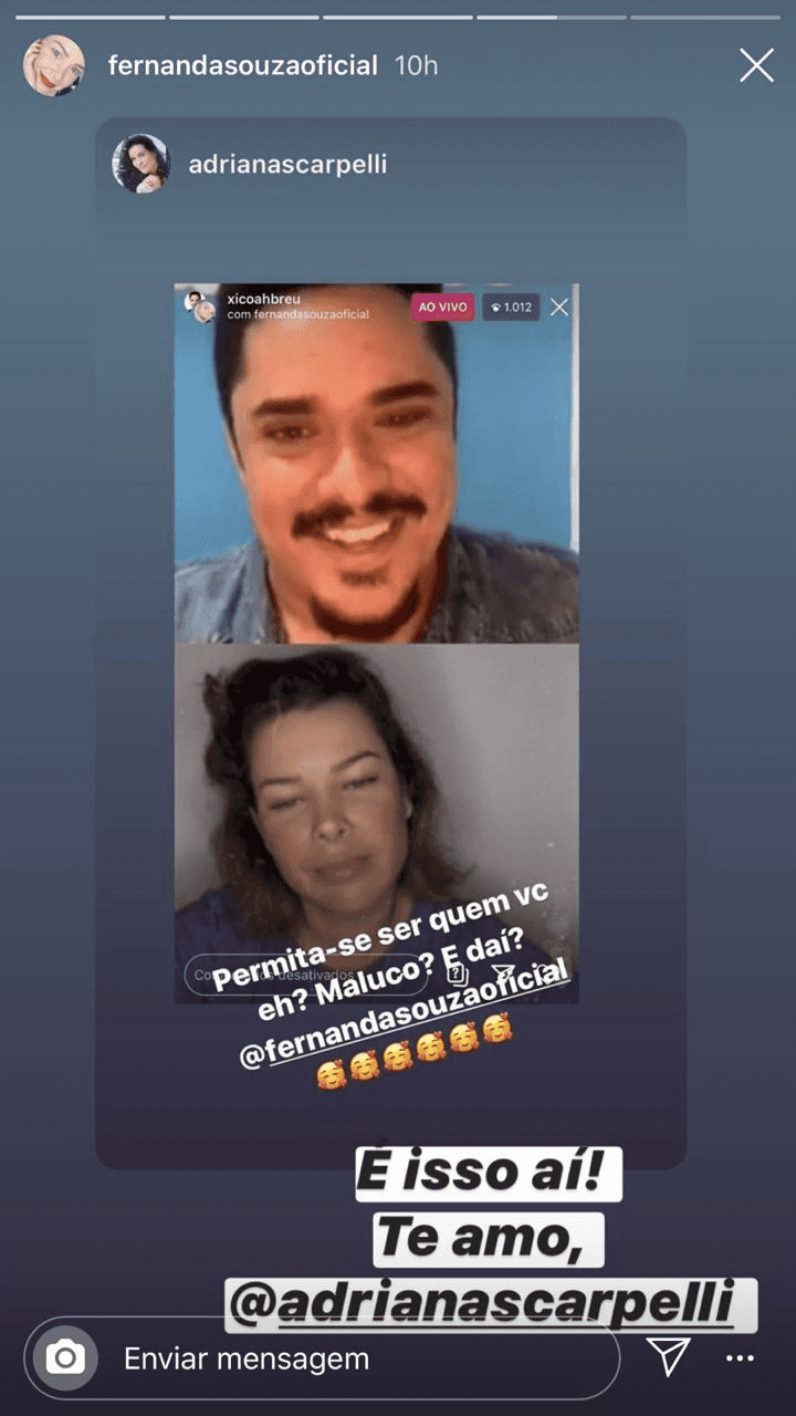 Fernanda Souza em seu stories (Foto: reprodução/Instagram) Fernanda Souza em seu stories (Foto: reprodução/Instagram)