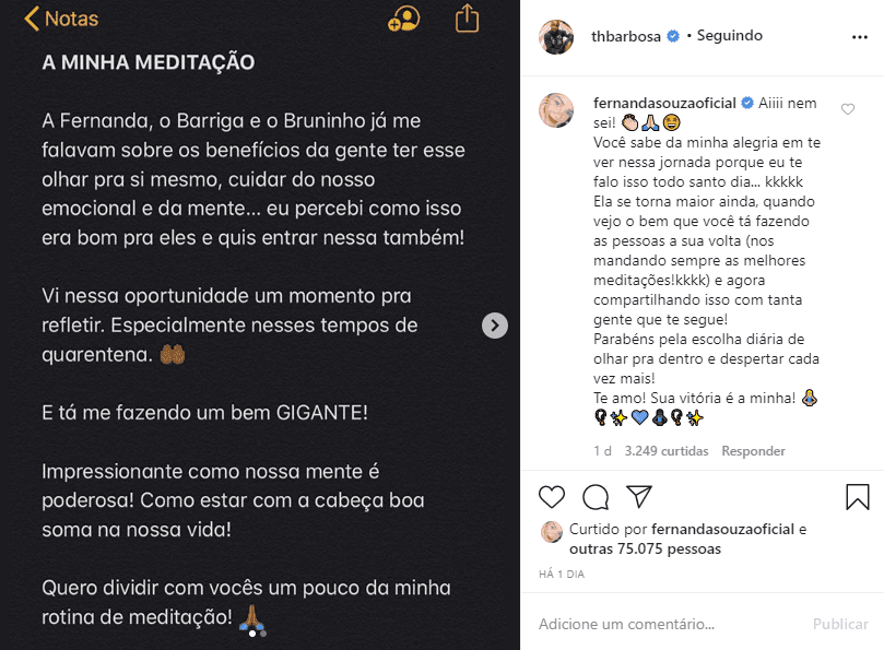 Fernanda Souza e Thiaguinho trocaram mensagens de carinho (Foto: Reprodução/ Instagram) Fernanda Souza e Thiaguinho trocaram mensagens de carinho (Foto: Reprodução/ Instagram)
