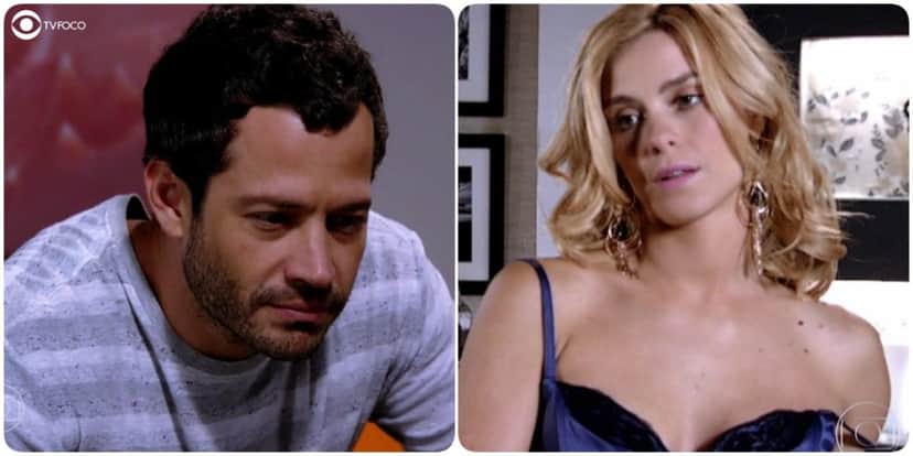Foto montagem de Quinzé da novela fina Estampa que usa camisa cinza com listras, corte de cabelo preto baixo e é branco e de Teodora, mulher branca, loira e que usa vestido verde de alça, uma delas abaixada e sutiã preto à vista