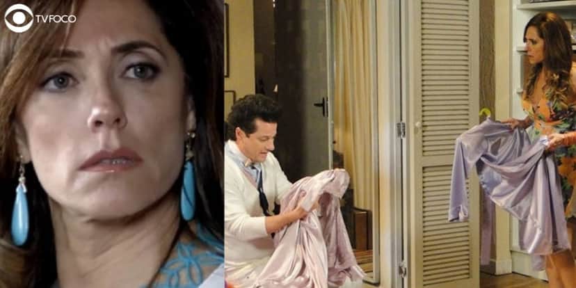 Fotomontagem de Tereza Cristina e de Crô e a vilã com roupas na mão em um quarto na novela Fina Estampa Fotomontagem de Tereza Cristina e de Crô e a vilã com roupas na mão em um quarto na novela Fina Estampa