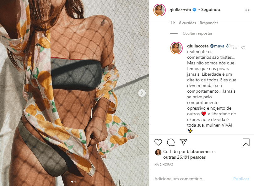 Giulia Costa teve que rebater comentário de mulher (Foto: Reprodução/ Instagram) Giulia Costa teve que rebater comentário de mulher (Foto: Reprodução/ Instagram)