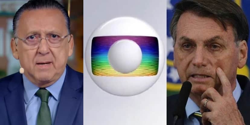 Galvão Bueno, principal nome do esporte da Globo, e o presidente Jair Bolsonaro; emissora promete acionar a Justiça por exclusividade do futebol (Foto: Reprodução/Globo) Galvão Bueno, principal nome do esporte da Globo, e o presidente Jair Bolsonaro; emissora promete acionar a Justiça por exclusividade do futebol (Foto: Reprodução/Globo)