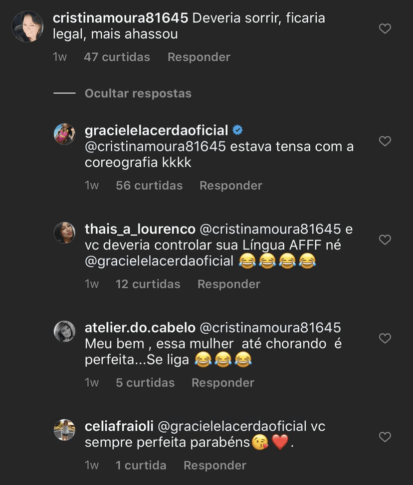 Graciele Lacerda respondeu uma seguidora (Foto: reprodução/Instagram) Graciele Lacerda respondeu uma seguidora (Foto: reprodução/Instagram)