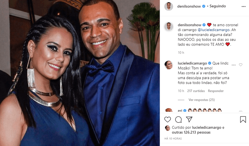 Denílson se declarou para a esposa e ela expôs o marido com resposta (Foto: Reprodução/ Instagram) Denílson se declarou para a esposa e ela expôs o marido com resposta (Foto: Reprodução/ Instagram)
