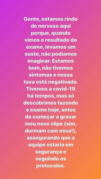 Cantora tranquiliza fãs sobre teste positivo de Covid-19 - (Reprodução/Instagram) Cantora tranquiliza fãs sobre teste positivo de Covid-19 - (Reprodução/Instagram)