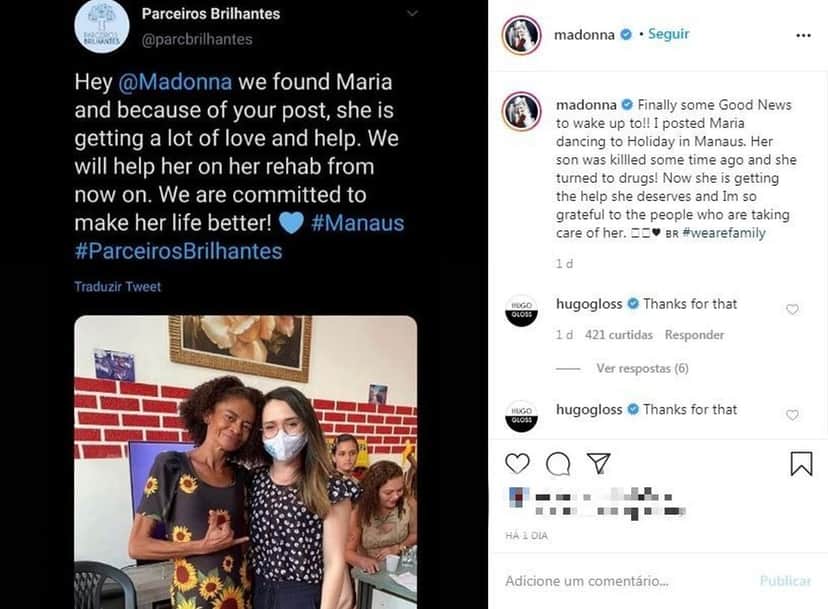 Publicação de Madonna Agradecendo o apoio a Maria Solange (Foto: Reprodução) Publicação de Madonna Agradecendo o apoio a Maria Solange (Foto: Reprodução)
