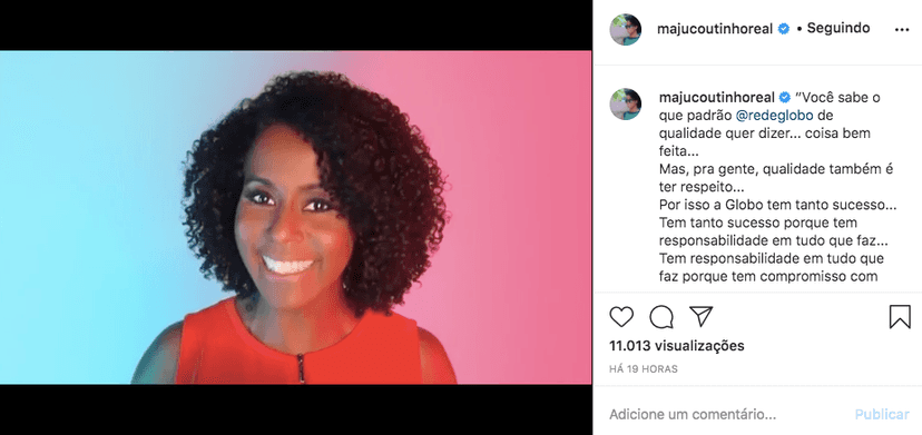 Maju Coutinho no novo vídeo institucional da Rede Globo (Foto: reprodução/Instagram) Maju Coutinho no novo vídeo institucional da Rede Globo (Foto: reprodução/Instagram)