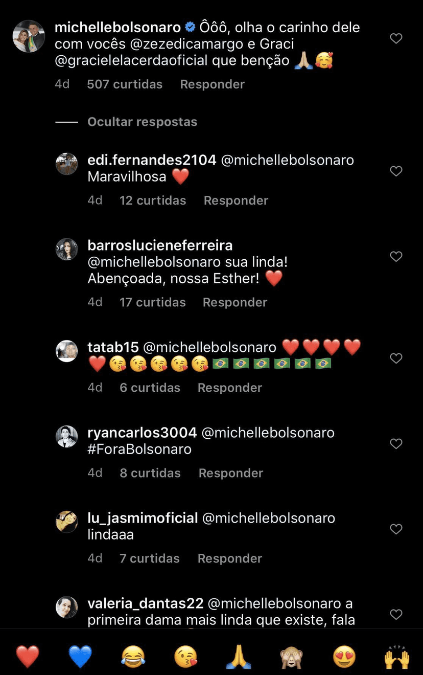 Michelle Bolsonaro mandou um recado para Graciele Lacerda e Zezé (Foto: reprodução/Instagram) Michelle Bolsonaro mandou um recado para Graciele Lacerda e Zezé (Foto: reprodução/Instagram)