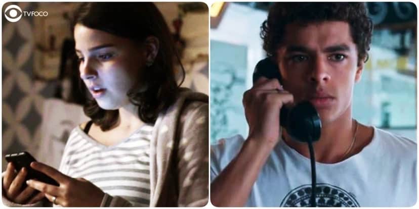 Fotomontagem de Keyla e Tato da novela Malhação com celular e telefones na mão Fotomontagem de Keyla e Tato da novela Malhação com celular e telefones na mão