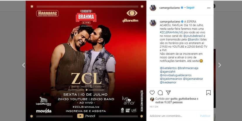 Zezé Di Camargo e Luciano farão nova live no fim de semana (Foto: Reprodução/Instagram) Zezé Di Camargo e Luciano farão nova live no fim de semana (Foto: Reprodução/Instagram)