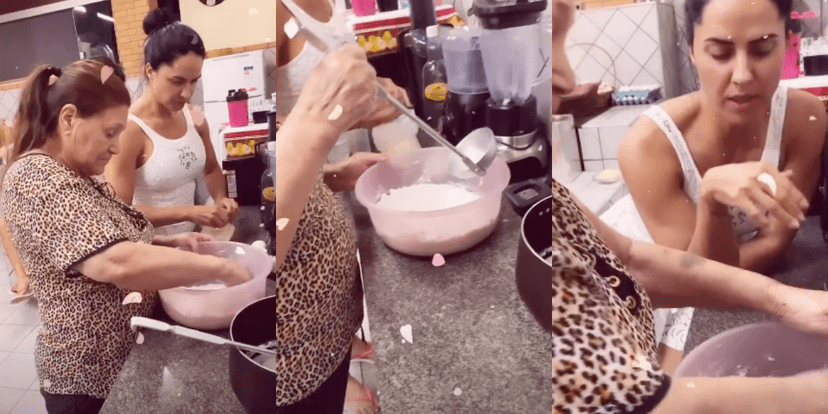 Graciele Lacerda, noiva de Zezé, aprende a fazer polvilho com dona Helena (Foto: Montagem) Graciele Lacerda, noiva de Zezé, aprende a fazer polvilho com dona Helena (Foto: Montagem)