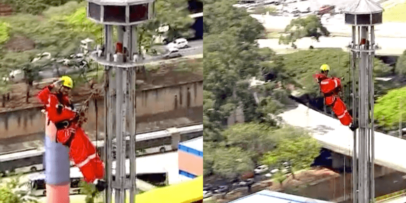 Homen no topo do prédio acena para helicóptero ao vivo na Globo (Foto: Montagem) Homen no topo do prédio acena para helicóptero ao vivo na Globo (Foto: Montagem)